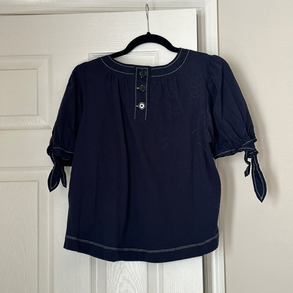 Navy Blue Puff Sleeve Top By Anthropologie Size Petite Large Button Back - Picture 5 of 8
